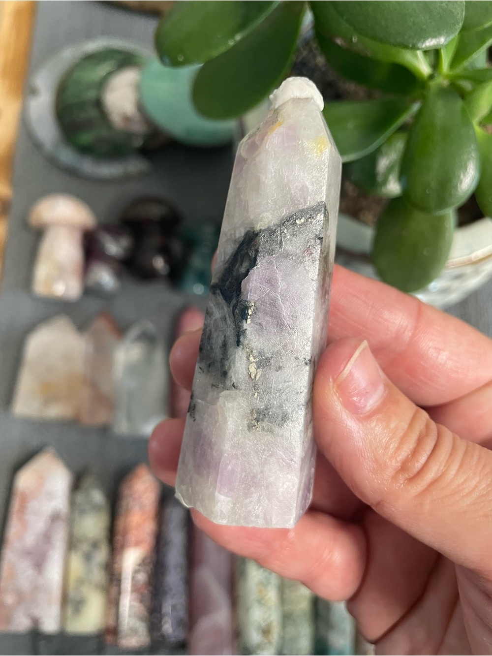Kunzite with tourmaline and pyrite polished crystal tower uv reactive.